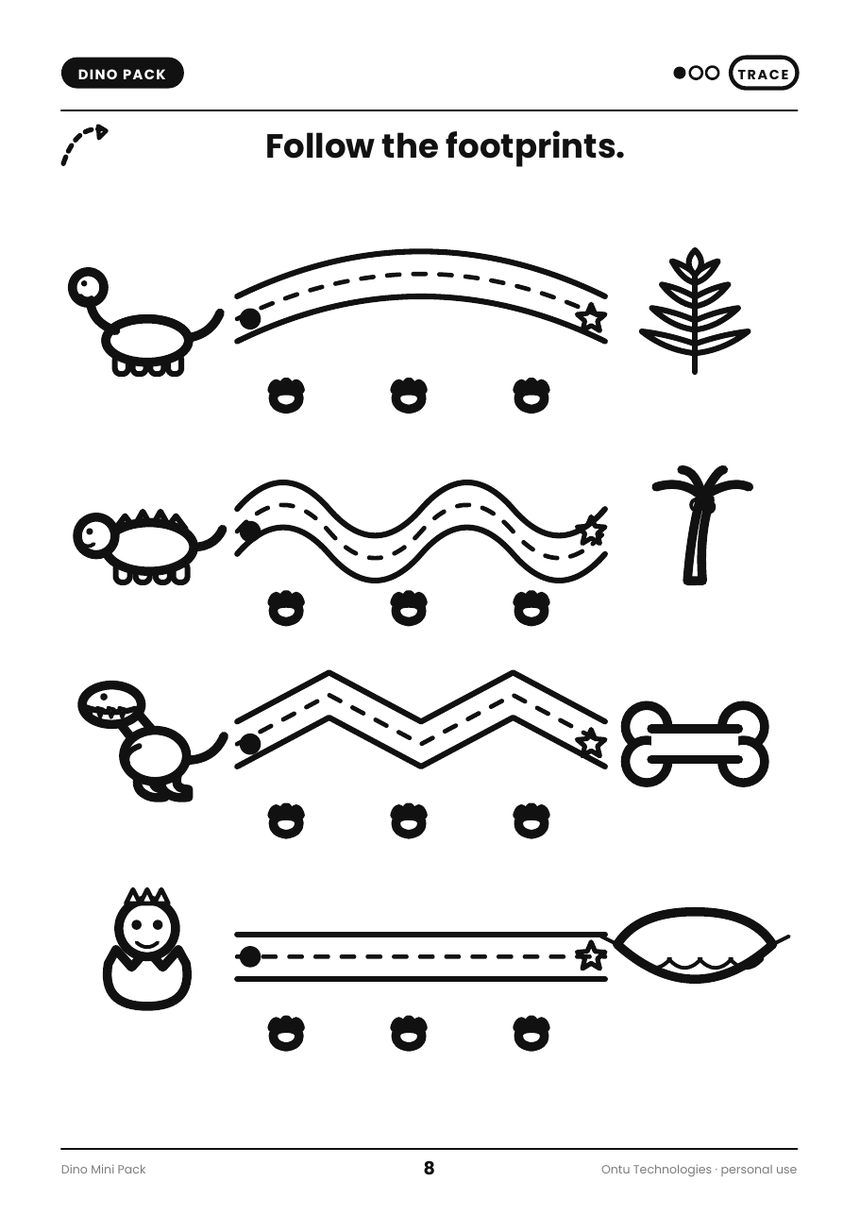 Tracing practice that feels like a dinosaur hunt.