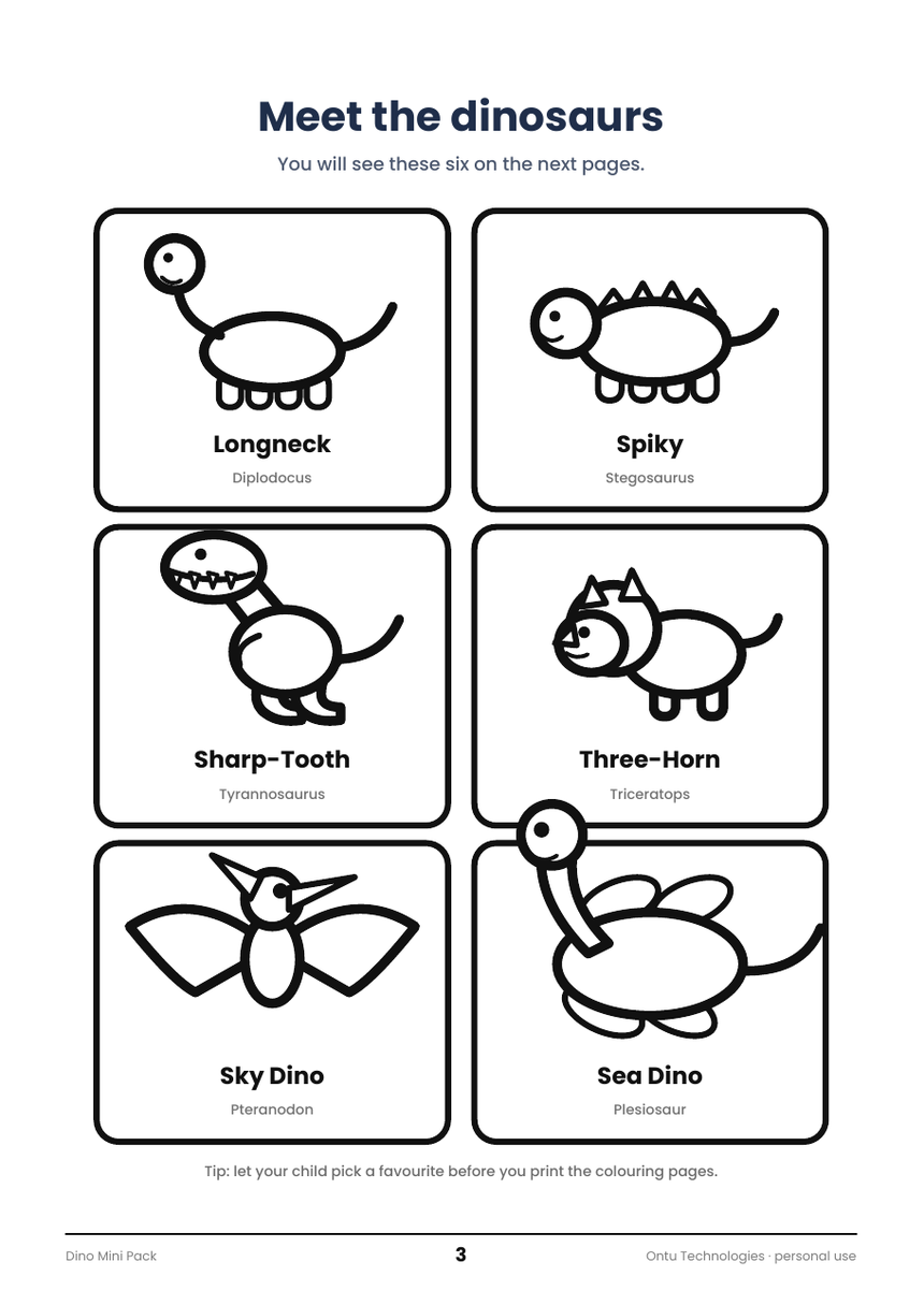 Six dinosaurs with friendly names — and their real names underneath.