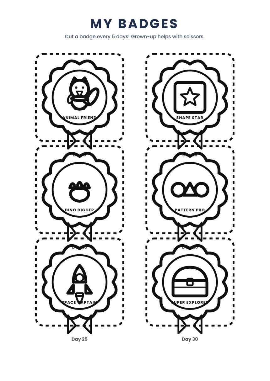 Six cut-out badges: Animal Friend, Shape Star, Dino Digger, Pattern Pro, Space Captain, Super Explorer.
