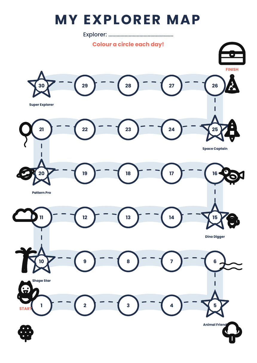 Colour one circle a day — 30 circles, six star days and a treasure chest at the end.