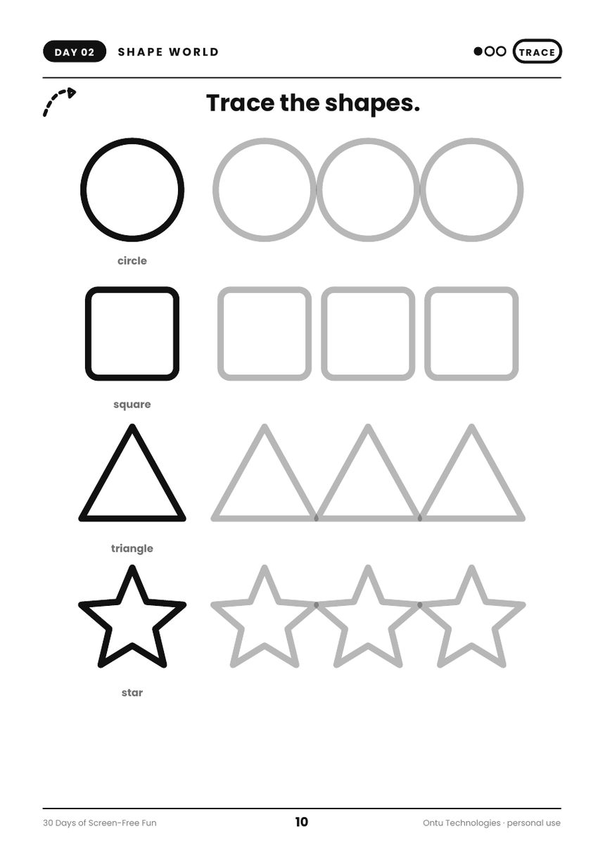 Circle, square, triangle and star, each with three tracing repeats.